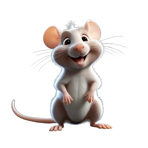 Cute 3D animated smiling white mouse character with pink ears and soft fur on a dark background.