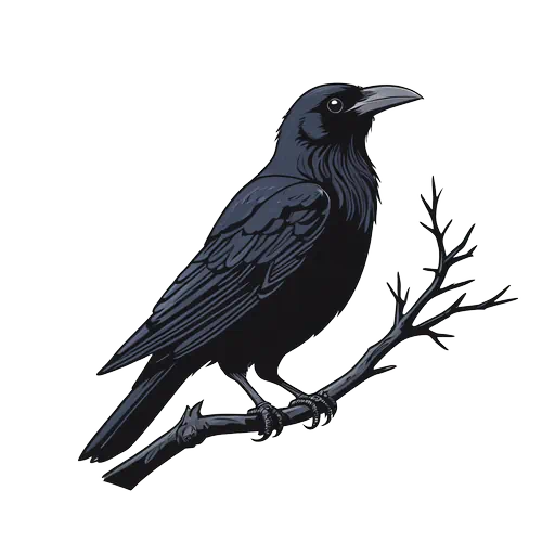 Detailed black raven illustration perched on a leafless branch in a clean gothic graphic style.