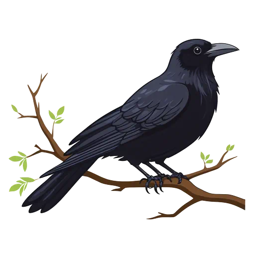 Illustration of a black raven perched on a brown branch with small green leaves against white background.