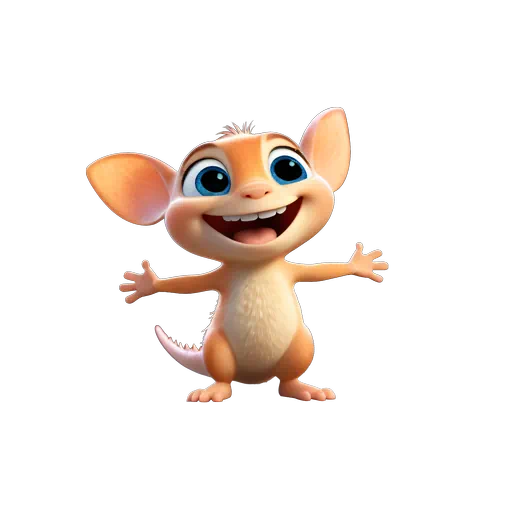 Cute orange 3D animated ray character with large blue eyes and a wide smile in a friendly pose.