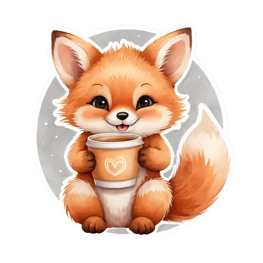 Cute illustrated orange baby fox holding a coffee cup with heart art in a sticker circle style.