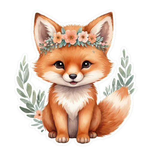 Watercolor illustration of a cute baby red fox wearing a pink floral crown with green leaf accents.