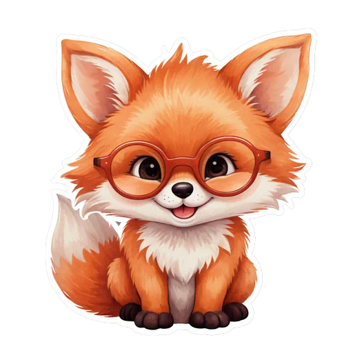 Cute watercolor style red baby fox wearing oversized red glasses as a sticker with a white border.