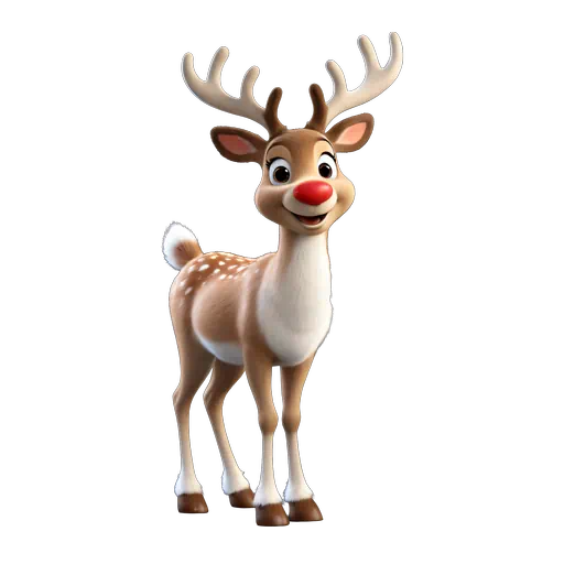 Cute 3D animated reindeer character with a bright red nose, tan fur with white spots, and large antlers.