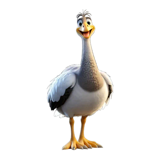 Smiling 3D animated rhea bird with white feathers, grey neck, and yellow beak in a cartoon style.
