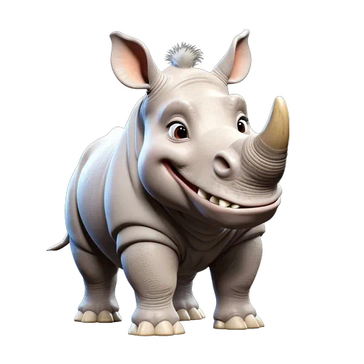 Friendly 3D cartoon baby rhino character in light grey with a tan horn and cheerful expression.