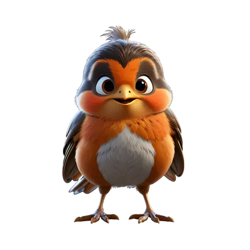 3D animated cute robin bird with orange chest, grey feathers, and white belly in a cartoon style.