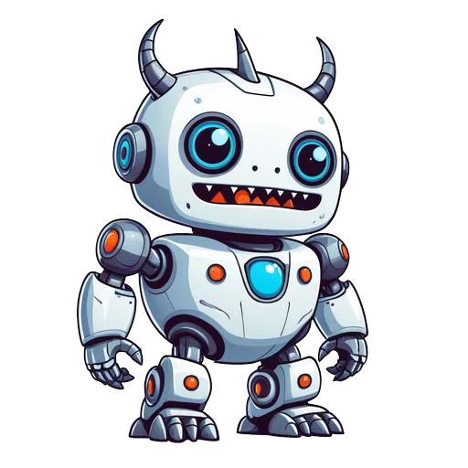 Cute white cartoon robot monster with horns, large blue eyes, and a toothy grin in sticker style.