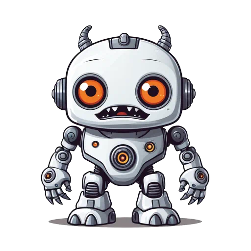 Cute white robot monster with horns, large orange eyes, and sharp teeth in a clean cartoon style.