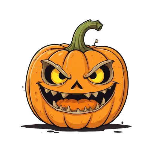 Vibrant orange cartoon Jack-o-lantern with angry yellow eyes, sharp teeth, and a green stem on white background.