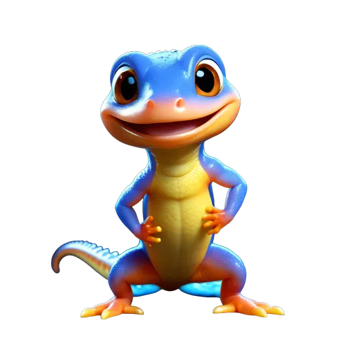 Friendly 3D animated blue and orange salamander character smiling, vibrant colors, sea life theme illustration.