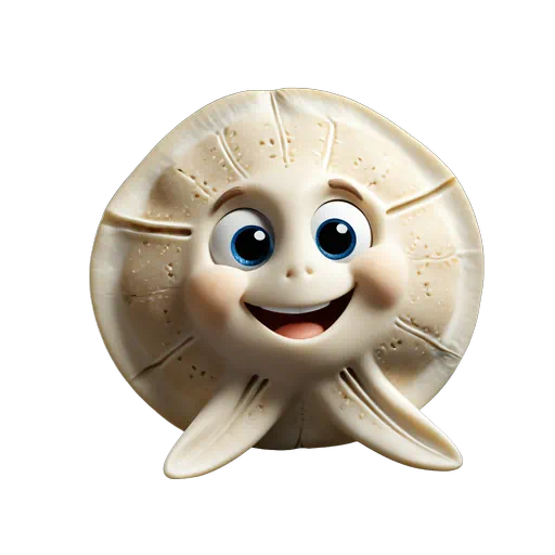 Cute 3D animated sand dollar character with large blue eyes, a friendly smile, and a textured beige body.