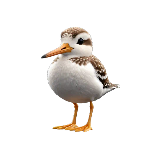 Cute 3D animated sandpiper bird with white and brown plumage, orange beak, and orange legs.