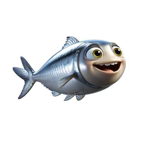 Cute 3D silver sardine character with a big smile and large eyes, animated sea life style.