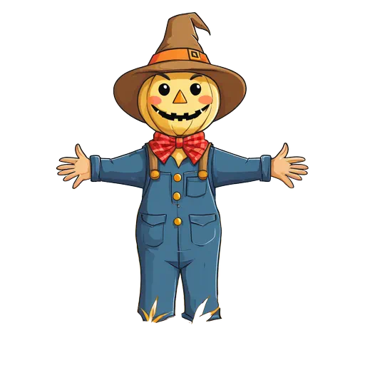 Cartoon pumpkin head scarecrow wearing a brown hat and blue overalls with arms wide open in a friendly pose.