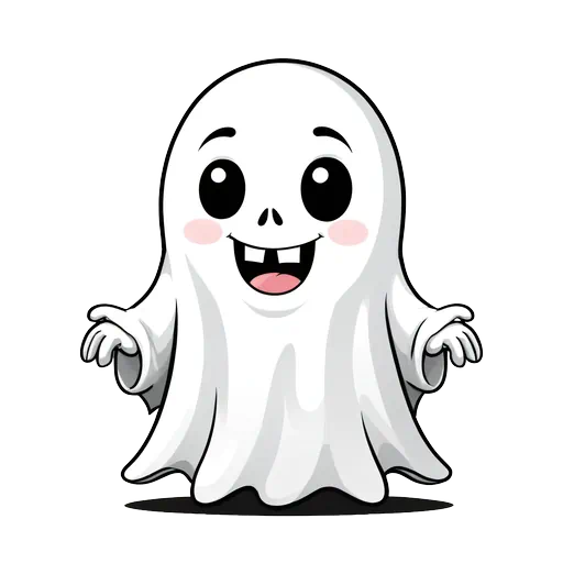 Cute cartoon white ghost with pink cheeks and a happy smile in a friendly Halloween clip art style.