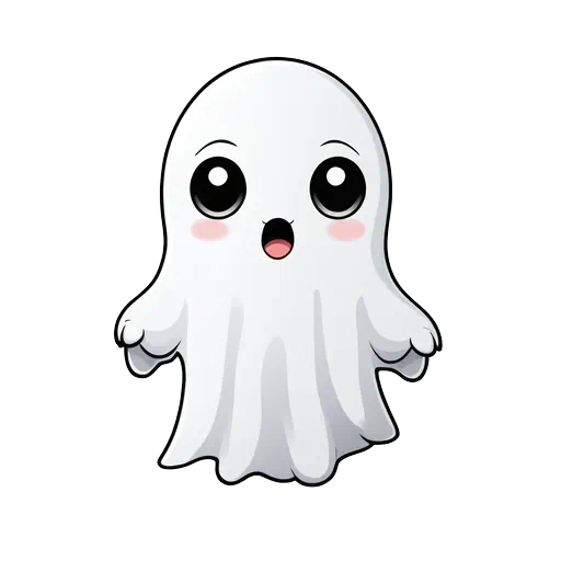 Cute cartoon white ghost with large black eyes and pink cheeks on a white background in sticker style.