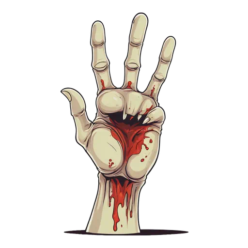 Pale illustrative zombie hand with a bloody mouth-like wound in the palm on a white background.