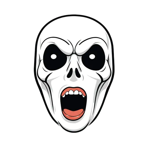 Stylized white scream mask with black hollow eyes and open red mouth in a clean vector sticker style.