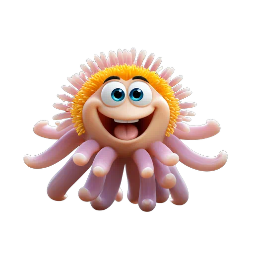 Cute 3D animated sea anemone character featuring pink tentacles, yellow top, and a cheerful smiling expression.