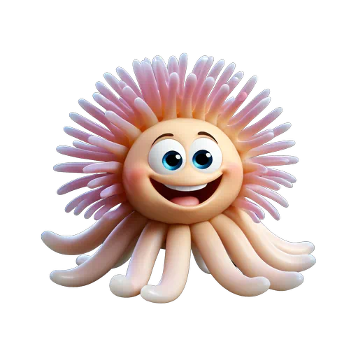 Cute 3D animated sea anemone character with a smiling face, pink tentacles, and tan legs.
