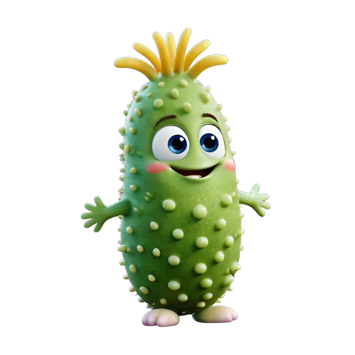 3D animated green sea cucumber character with yellow bumps, large blue eyes, and a friendly smiling expression.