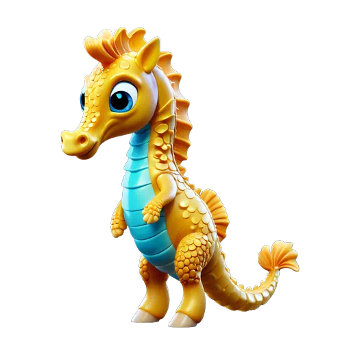 Cute yellow 3D animated seahorse toy with blue belly scales and large blue eyes.