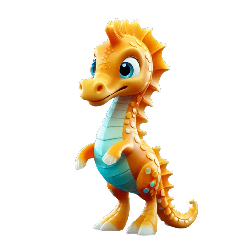 Vibrant orange 3D cartoon seahorse character with a teal belly and colorful spots, sea life illustration.