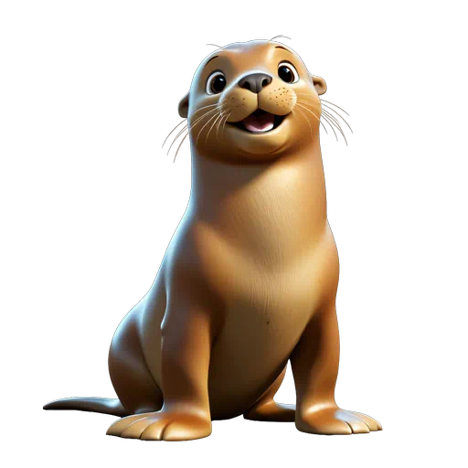 3D animated light brown sea lion with a friendly smile, smooth texture, isolated on a white background.