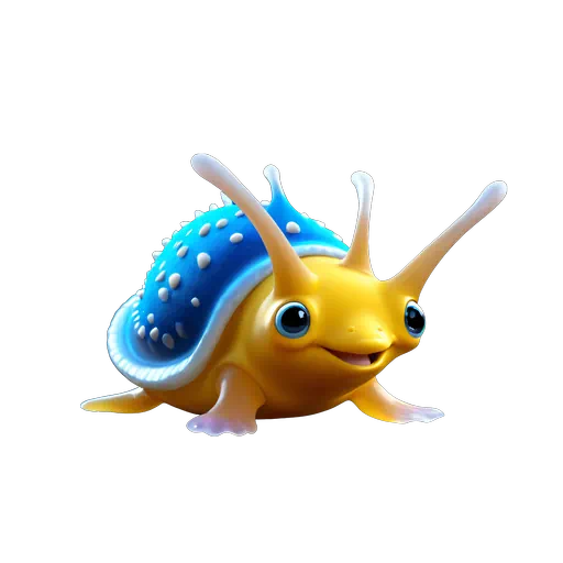 Vibrant 3D stylized yellow sea slug character with a blue spotted shell and friendly cartoon features.