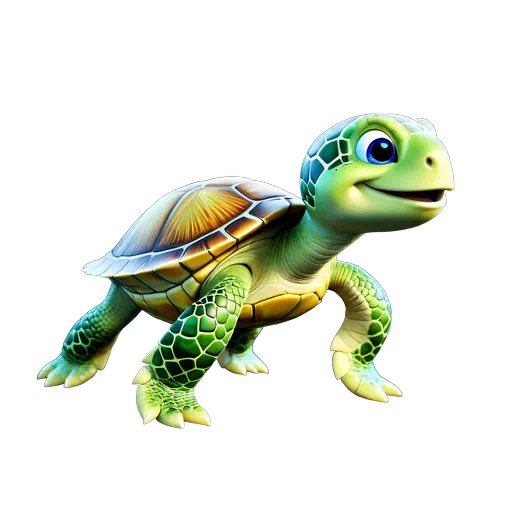 3D animated green sea turtle with a detailed brown shell and friendly expression, sea life illustration.