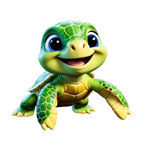 Adorable 3D cartoon green sea turtle with big blue eyes and a friendly smile, sea life character illustration.