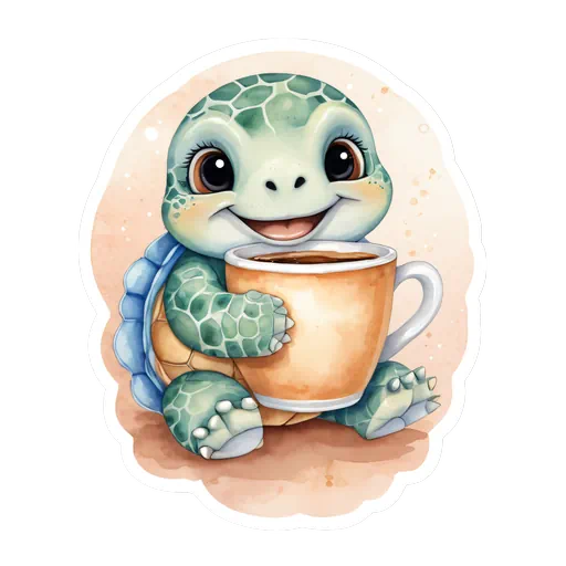 Watercolor illustration of a smiling baby sea turtle holding a large orange coffee mug with big eyes.