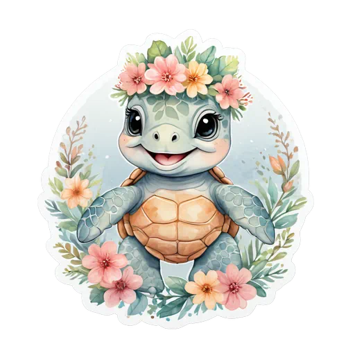 Watercolor baby sea turtle wearing a pink floral crown surrounded by pastel flowers on a white background.