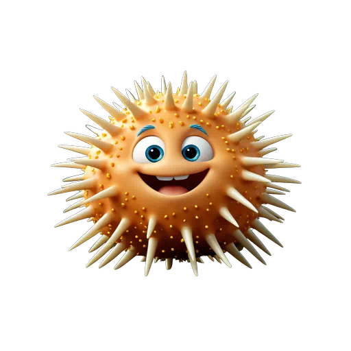 Cute 3D orange sea urchin character with large blue eyes, white spikes, and a happy smile.