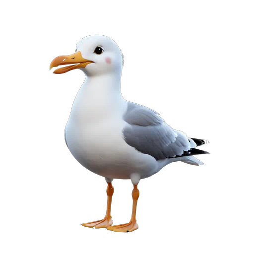 Cute cartoon seagull with white and grey feathers, orange beak, and pink cheeks, isolated 3D illustration.