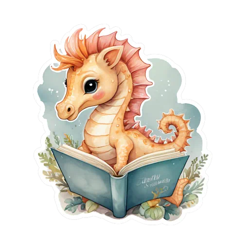 Watercolor peach baby seahorse reading a teal vintage book with a white sticker border and soft greenery.