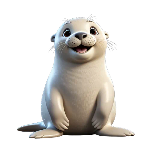 Cute 3D animated baby seal character with cream fur and large dark eyes, smiling on a white background.
