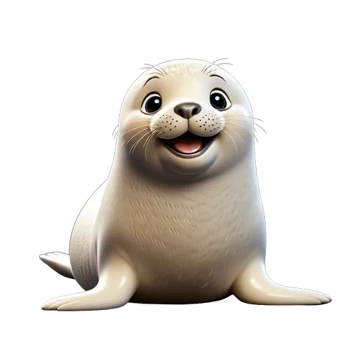 Adorable 3D illustrated white seal pup smiling with big expressive eyes, sea life character design.