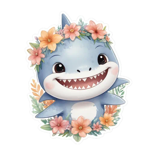 Watercolor baby shark with pink floral crown and orange blossoms on a white sticker border background.