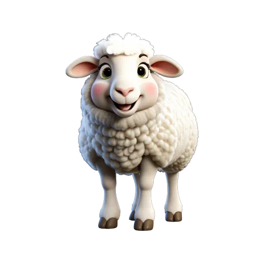 Cute 3D animated white sheep with fluffy wool, rosy cheeks, and friendly green eyes on a white background.