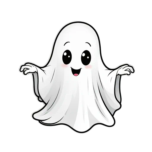 A cute cartoon white sheet ghost with large black eyes, pink cheeks, and a smiling face.
