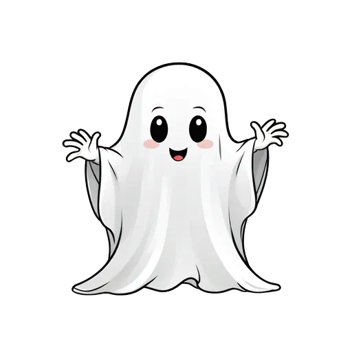 Cute cartoon white sheet ghost with rosy cheeks and open arms in a friendly Halloween clip art style.