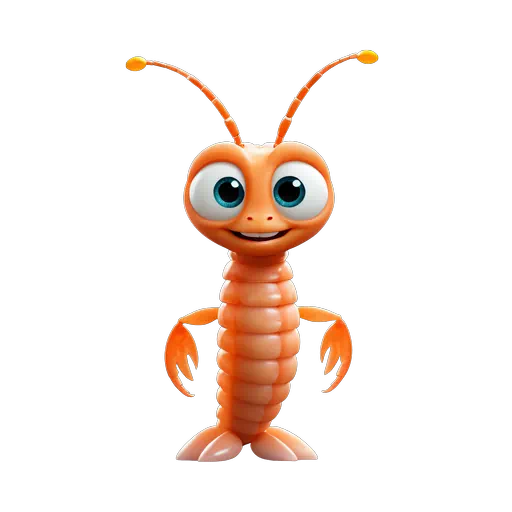 Cute 3D animated orange shrimp character with large blue eyes and long antennae, friendly sea life illustration.