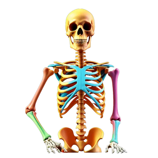 Vibrant 3D human skeleton with multi-colored bones in orange, blue, and pink, isolated on a white background.