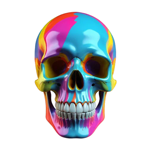 High-gloss colorful skull with vibrant pink blue and yellow paint swirls and a realistic white tooth grin.