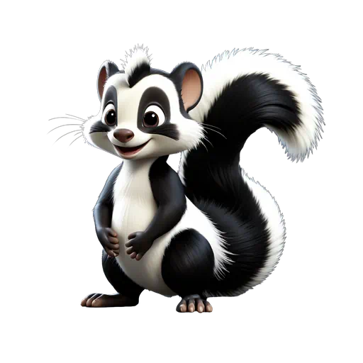Adorable cartoon skunk with fluffy black and white fur standing upright in a 3D animated style.