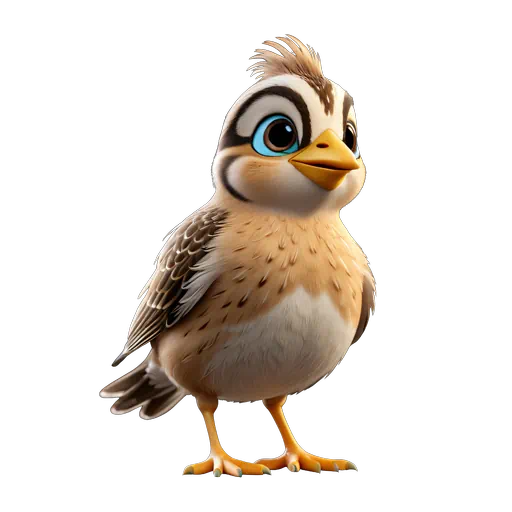 Stylized 3D animated skylark chick featuring brown and white plumage, large blue eyes, and yellow beak.