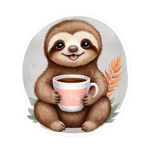 Watercolor illustration of a cute brown sloth holding a pink coffee cup with orange leaves background.