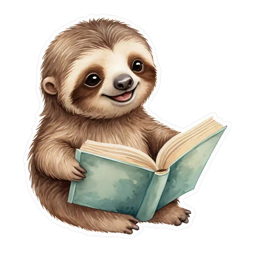Cute watercolor baby sloth illustration reading a vintage teal book with a white sticker border on transparent background.